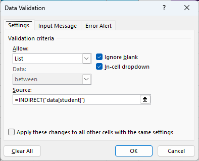 Using data validation to create dynamic dropdown list