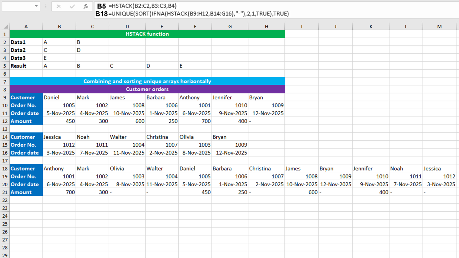 Combining and sorting unique arrays horizontally using Excel HSTACK ...