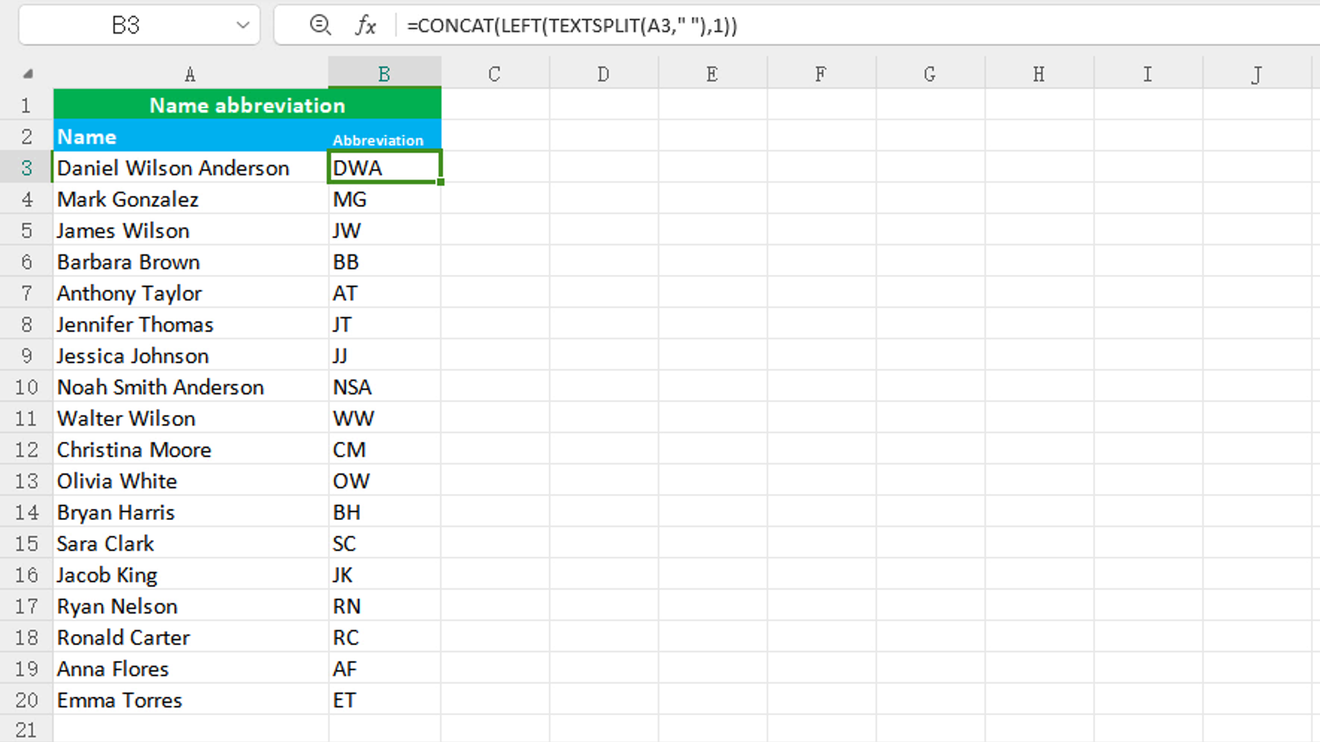 You are currently viewing Create name abbreviation using Excel TEXTSPLIT, LEFT and CONCAT