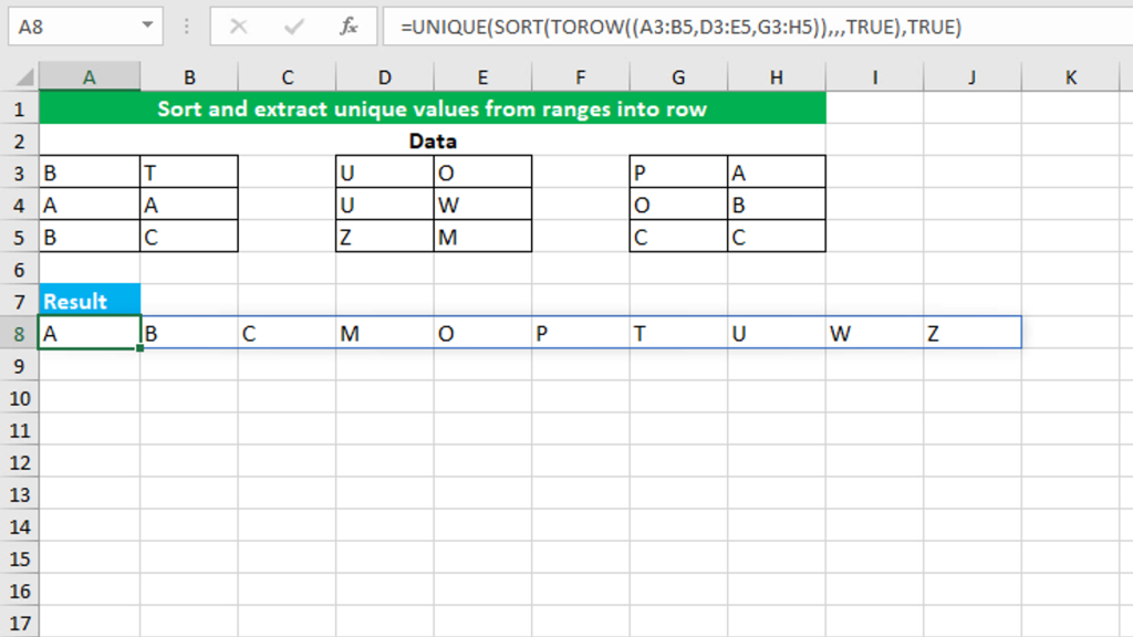 Sort and extract unique values into row using Excel TOROW function 2