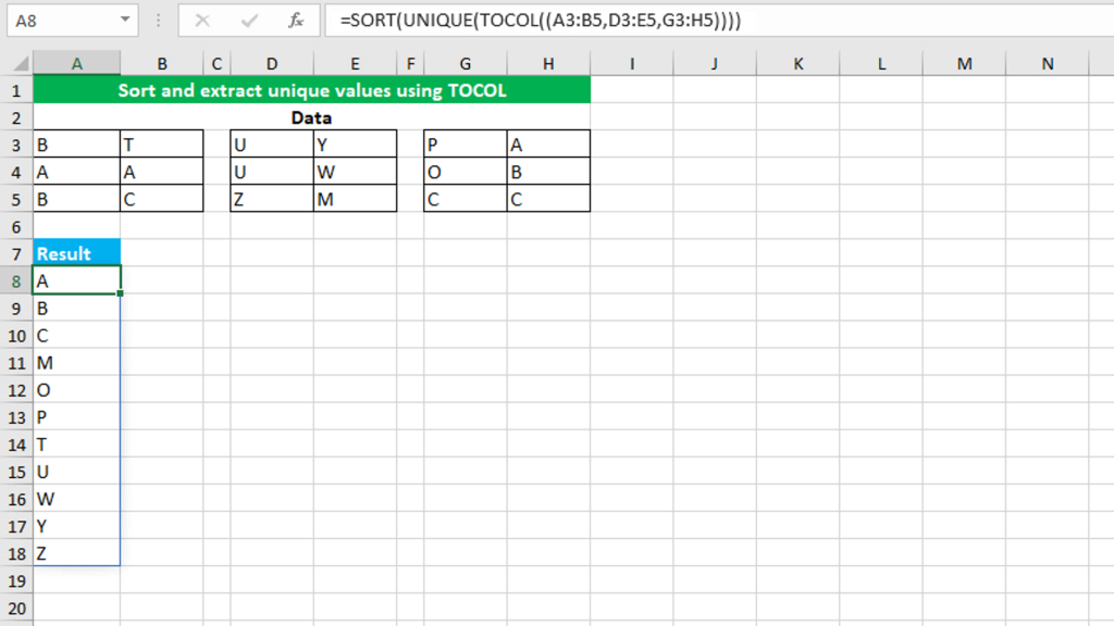 Sort and extract unique values using Excel TOCOL function 2